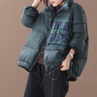 Locker Sitzende Damenparka-jacken Schwarzgrüner Warmer Wintermantel Mit Patchwork-muster Stehkragen