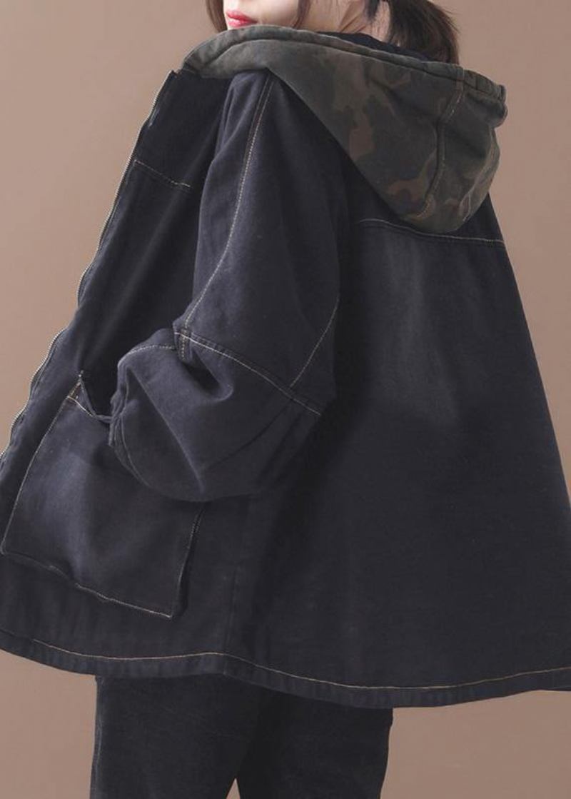 Lockere Schwarze Feine Kleidung Für Damen Genähte Kapuzenjacke Mit Zwei Taschen Im Patchwork-stil - Damen-Daunenjacken