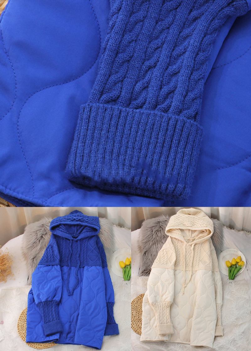 Lockerer Königsblauer Mittellanger Parka Mit Kapuze Aus Strick-patchwork Für Den Winter - Damen-Daunenjacken