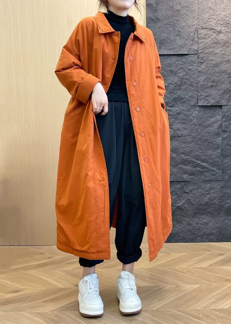 Lockerer Orangefarbener Parka Mit Peter-pan-kragen Und Knopftaschen Für Den Winter - Damen-Daunenjacken