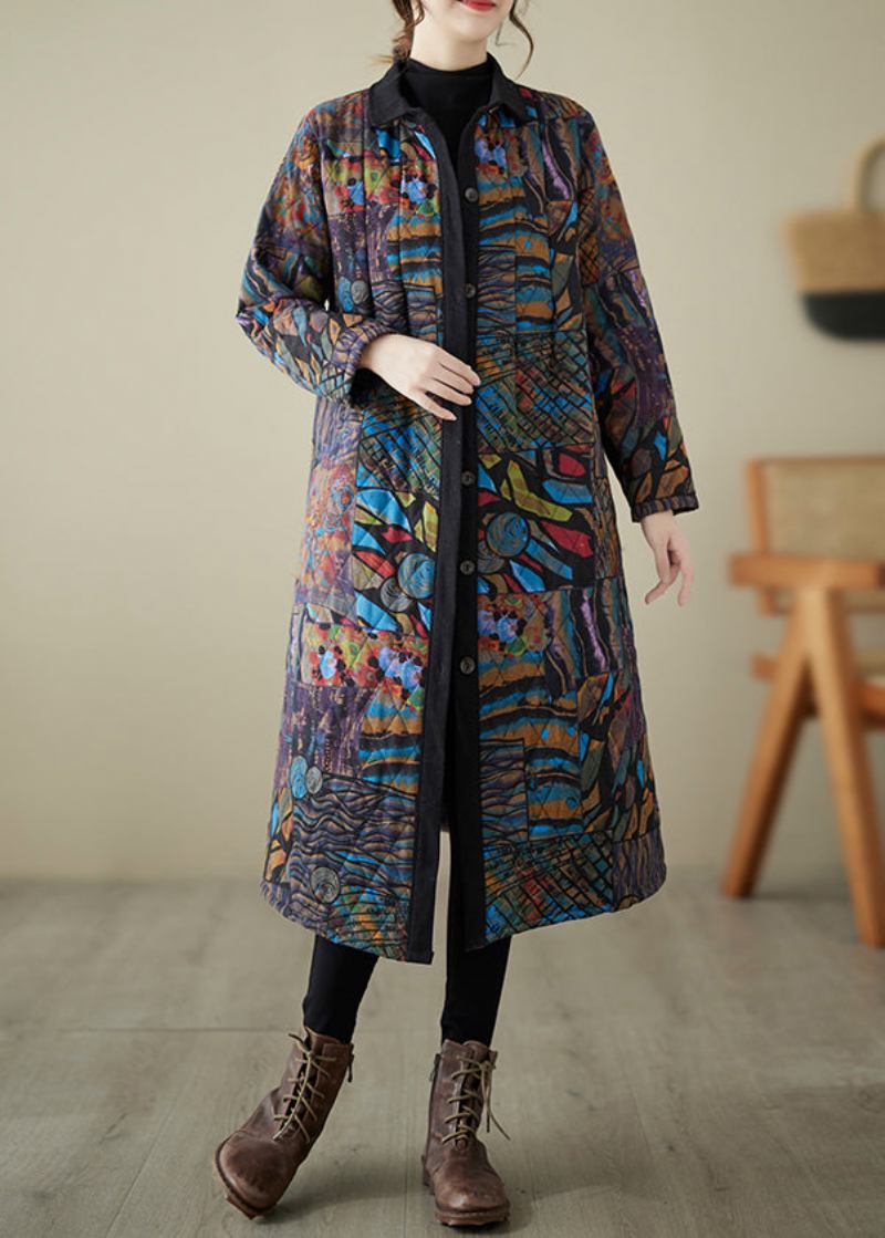 Lockerer Parka Mit Langen Ärmeln Und Multi-print Mit Knopftaschen Und Baumwollfüllung - Damen-Daunenjacken