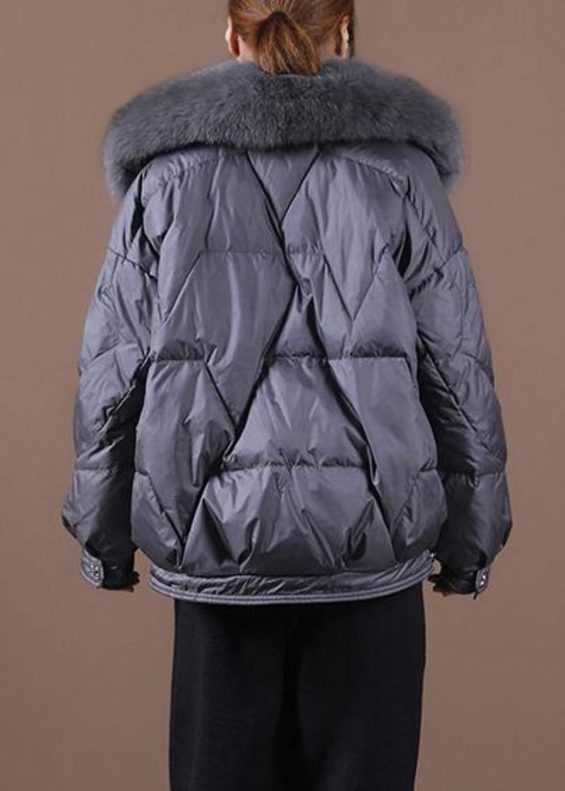 Luxuriöse Graue Daunenjacke Für Damen Locker Sitzend Wintermantel Mit Pelzkragen Und Reißverschluss Neue Jacken - schwärzlichgrün