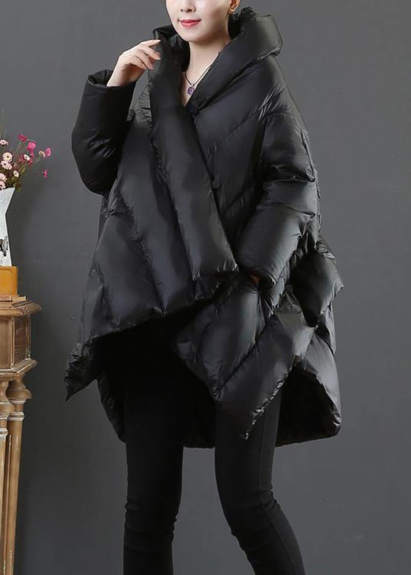 Luxuriöse Lässige Schneejacken Schwarze Asymmetrische Daunenjacke Mit Kapuze Für Damen