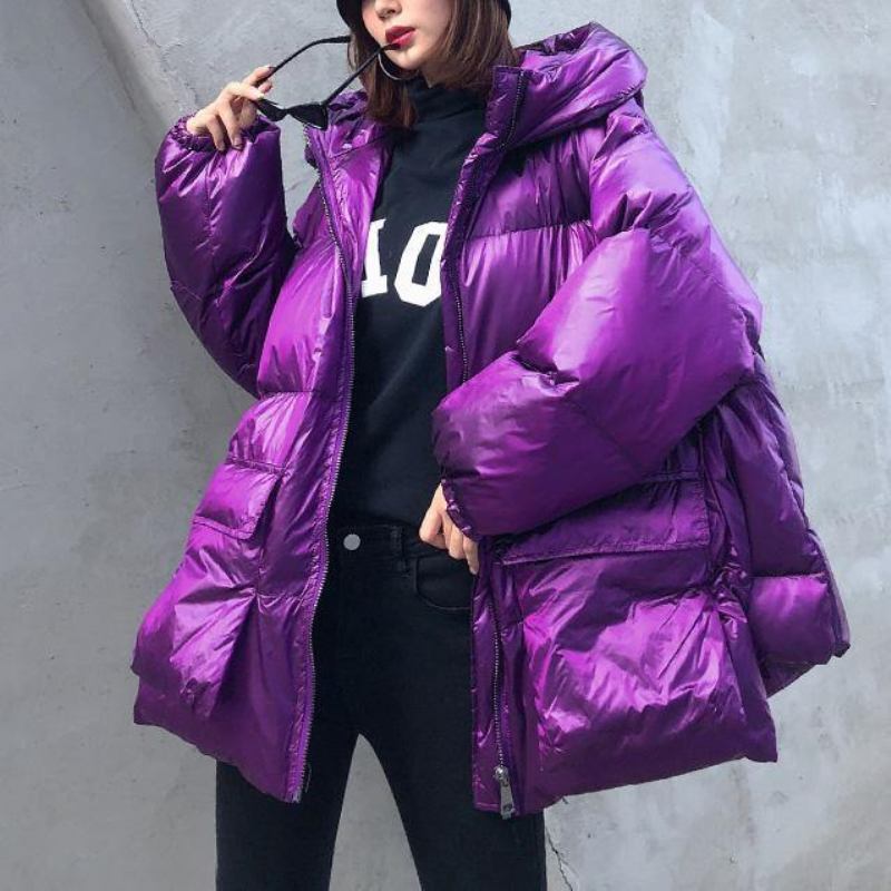 Luxuriöse Violette Daunenjacke Für Damen In Übergröße Winterjacke Mit Kapuze Und Reißverschluss Elegante Mäntel - Silbergrau