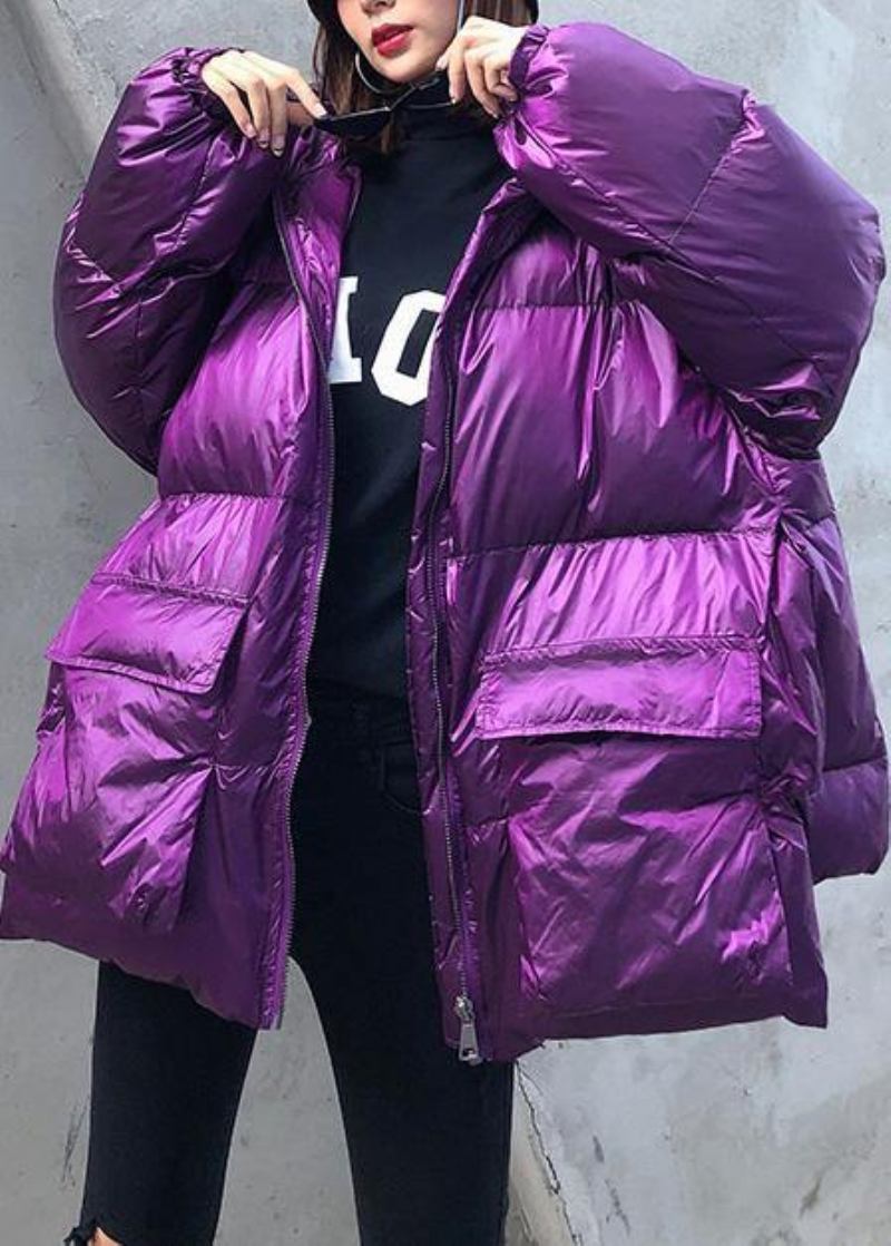 Luxuriöse Violette Daunenjacke Für Damen In Übergröße Winterjacke Mit Kapuze Und Reißverschluss Elegante Mäntel - Silbergrau