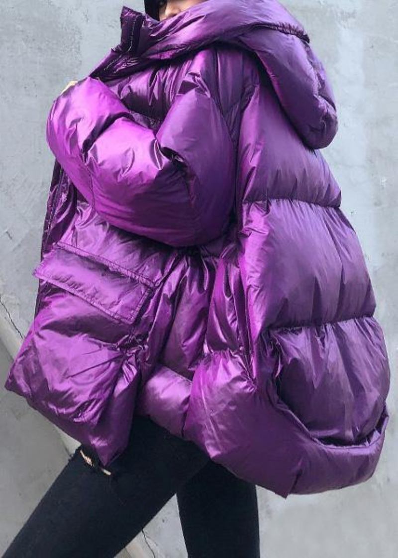 Luxuriöse Violette Daunenjacke Für Damen In Übergröße Winterjacke Mit Kapuze Und Reißverschluss Elegante Mäntel - Silbergrau