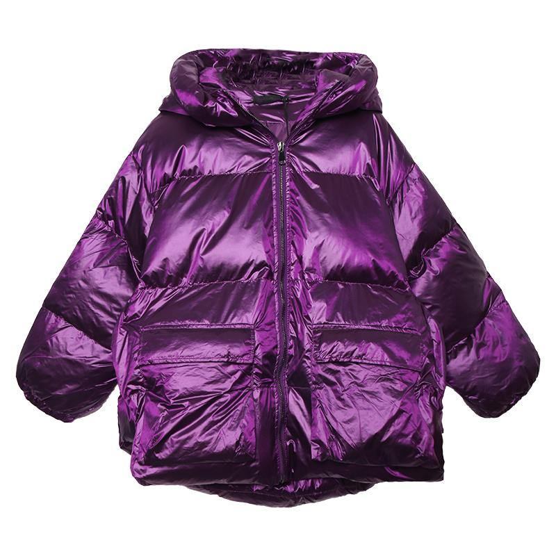 Luxuriöse Violette Daunenjacke Für Damen In Übergröße Winterjacke Mit Kapuze Und Reißverschluss Elegante Mäntel - Silbergrau