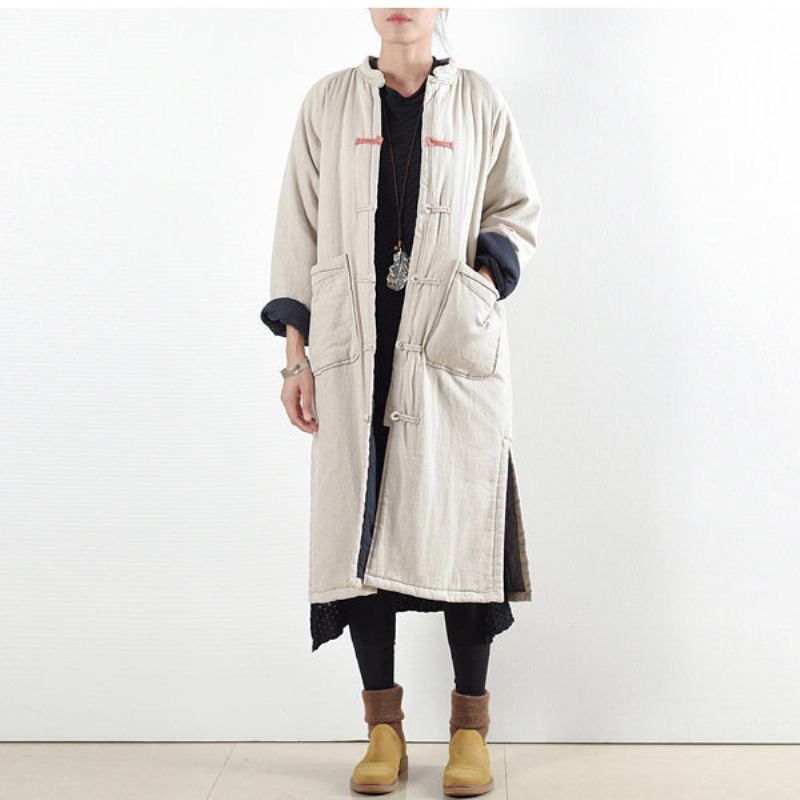 Luxuriöser Beige-weißer Freizeitmantel Locker Sitzender Baumwollmantel Eleganter Seitlich Offener Trenchcoat Mit Chinesischem Knopf