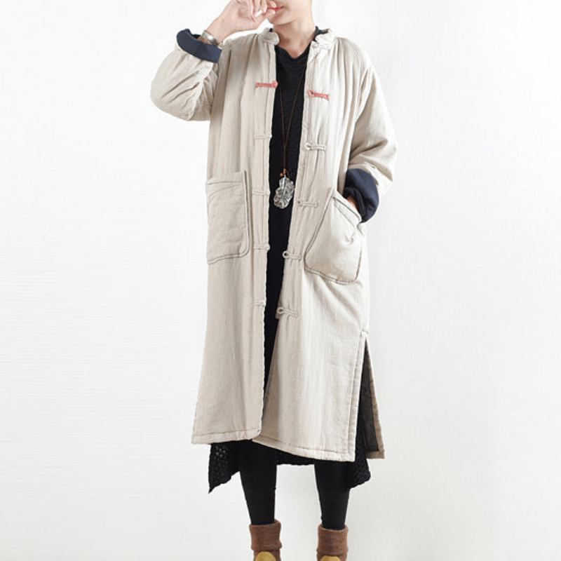 Luxuriöser Beige-weißer Freizeitmantel Locker Sitzender Baumwollmantel Eleganter Seitlich Offener Trenchcoat Mit Chinesischem Knopf - rot