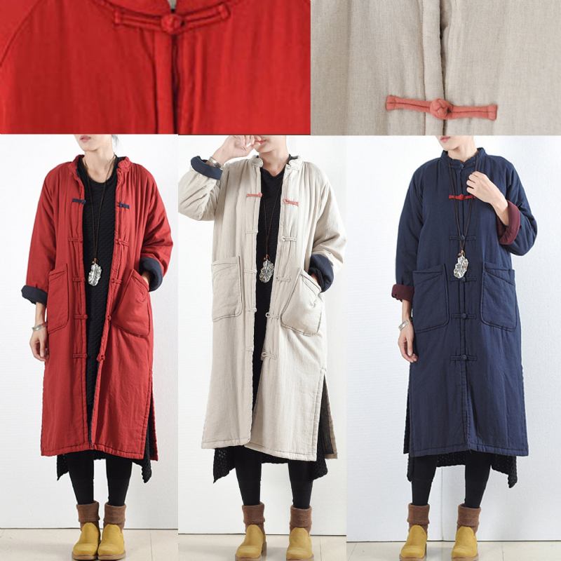 Luxuriöser Beige-weißer Freizeitmantel Locker Sitzender Baumwollmantel Eleganter Seitlich Offener Trenchcoat Mit Chinesischem Knopf - rot