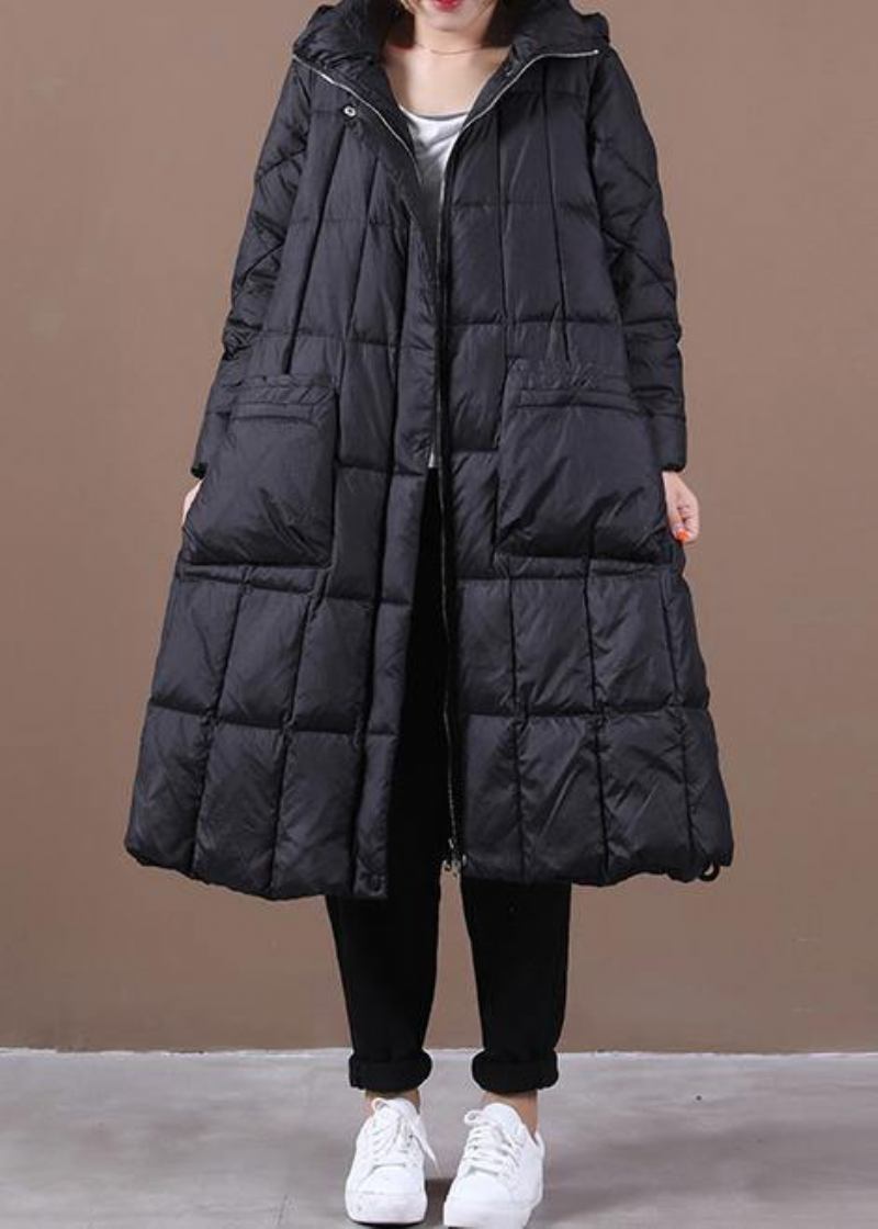 Luxuriöser Schwarzer Warmer Wintermantel In Übergröße Für Damen Parka Mit Kapuze Und Reißverschluss - Damen-Daunenjacken