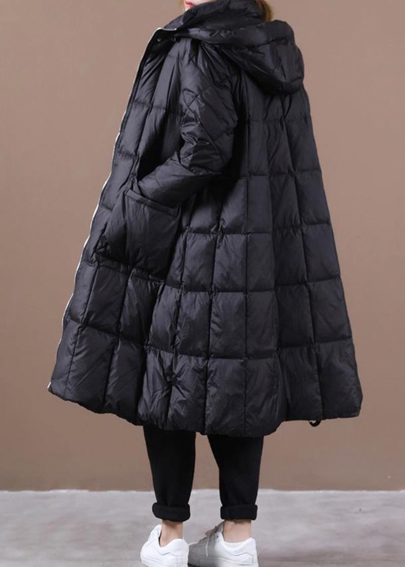 Luxuriöser Schwarzer Warmer Wintermantel In Übergröße Für Damen Parka Mit Kapuze Und Reißverschluss - Damen-Daunenjacken