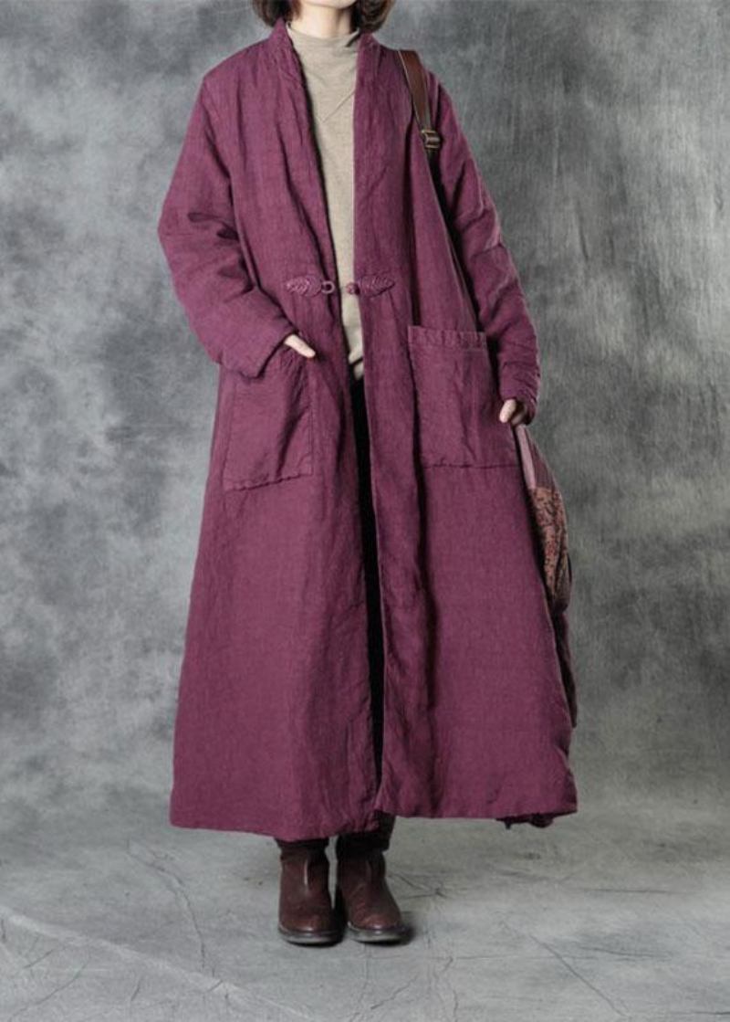 Luxuriöser Winterparka Aus Baumwolle Mit Langen Ärmeln Und Knopftaschen Aus Violettem Leinen