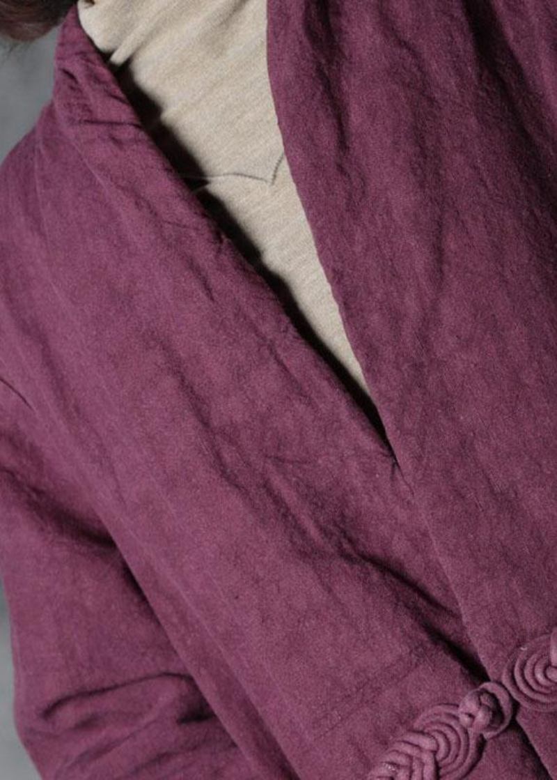 Luxuriöser Winterparka Aus Baumwolle Mit Langen Ärmeln Und Knopftaschen Aus Violettem Leinen - Damen-Daunenjacken