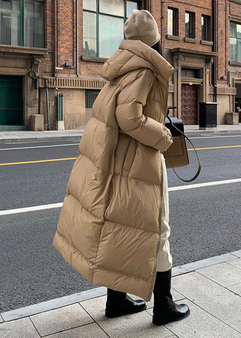 Mode Khaki Reißverschluss Taschen Kapuze Entendaunen Puffer Mantel Winter - Damen-Daunenjacken