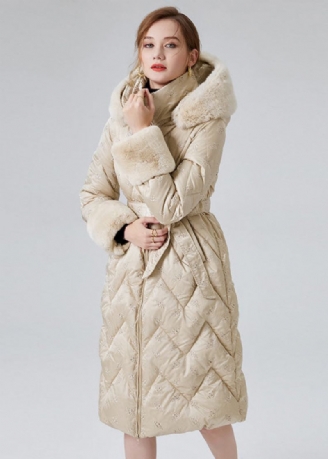 Moderne Beige Winterjacken Mit Entendaunen Und Kapuze Aus Kaninchenhaar