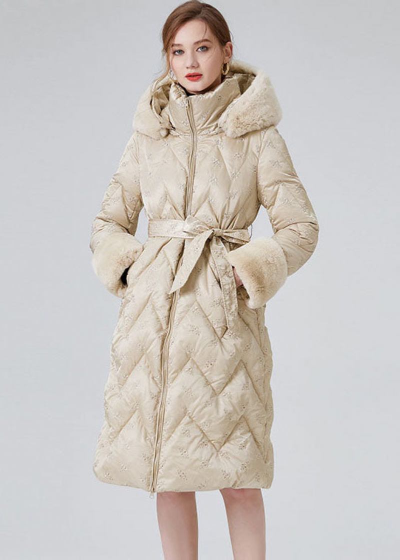 Moderne Beige Winterjacken Mit Entendaunen Und Kapuze Aus Kaninchenhaar - Damen-Daunenjacken