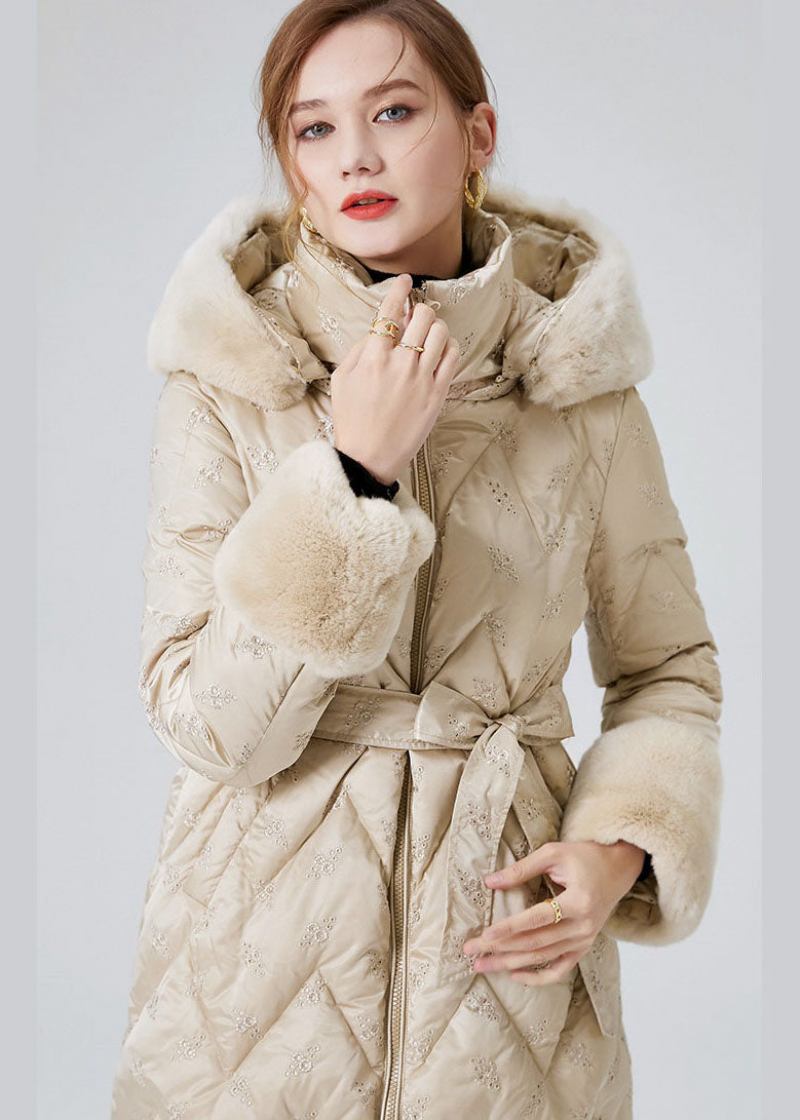 Moderne Beige Winterjacken Mit Entendaunen Und Kapuze Aus Kaninchenhaar - Damen-Daunenjacken