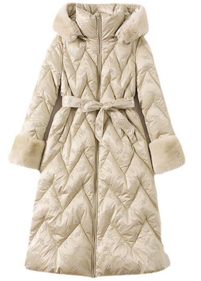 Moderne Beige Winterjacken Mit Entendaunen Und Kapuze Aus Kaninchenhaar - Damen-Daunenjacken