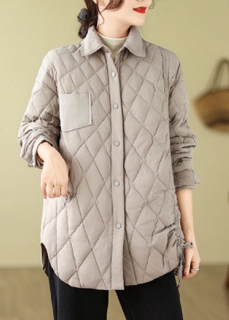 Moderne Grau Karierte Patchwork-jacke Mit Bindegürtel Für Den Winter