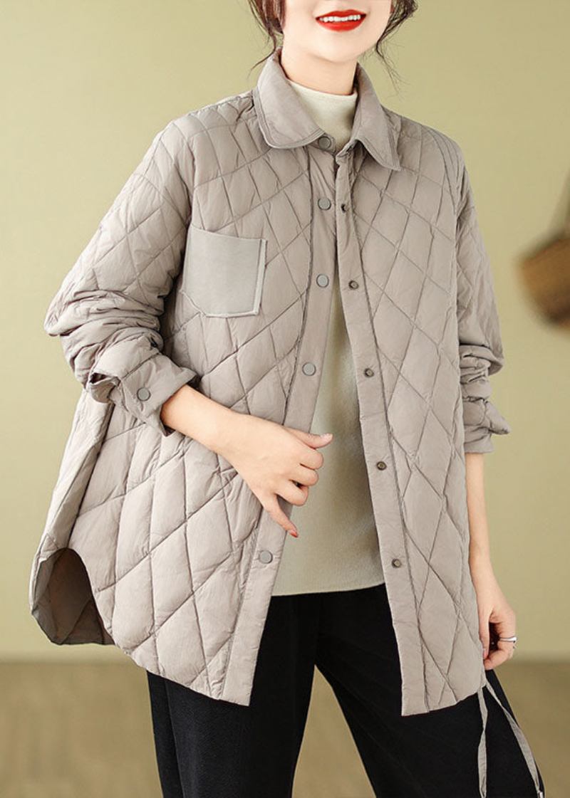 Moderne Grau Karierte Patchwork-jacke Mit Bindegürtel Für Den Winter - Grau