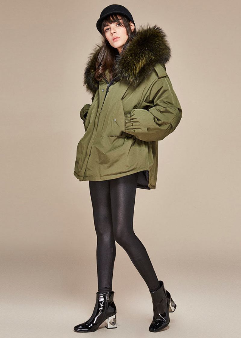 Moderne Pufferjacke Mit Entendaunenjacke Und Kunstpelzkragen In Armeegrün Für Den Winter - Damen-Daunenjacken