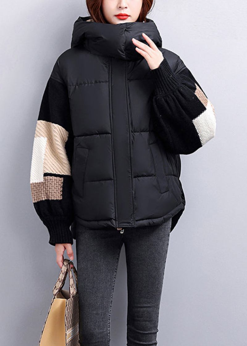 Moderne Schwarze Kapuzenstrick Patchwork Entendaunenjacke Winter - Damen-Daunenjacken