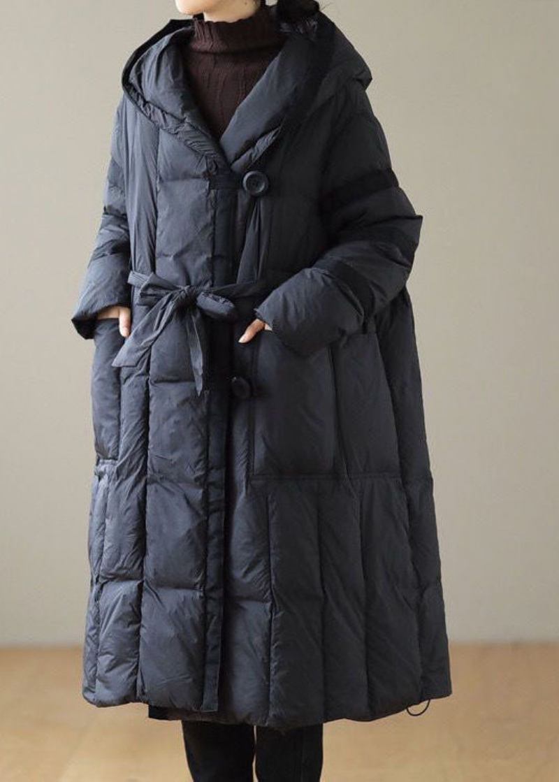 Moderne Schwarze Pufferjacke Mit Kapuze Und Patchwork-taille Aus Entendaunen Für Den Winter - Damen-Daunenjacken