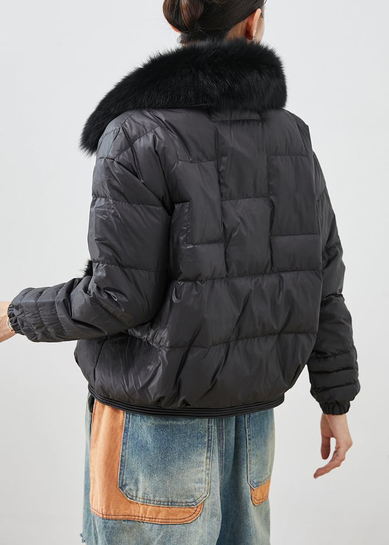 Moderne Schwarze Pufferjacken Mit Entendaunen Und Nerzhaar Patchwork Fuchskragen Winter - Damen-Daunenjacken