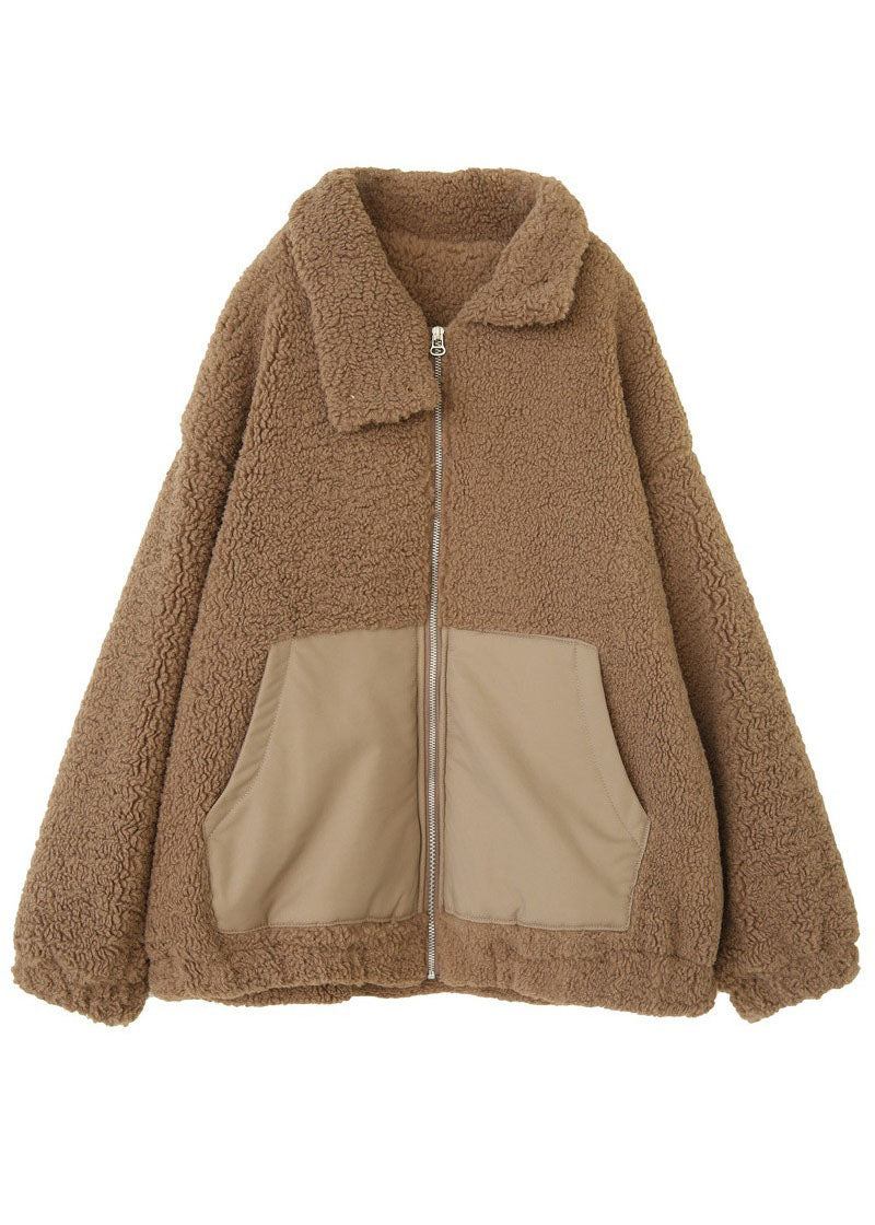 Moderne Steppjacke Aus Teddy-kunstpelz Mit Peter-pan-kragen In Khaki Mit Patchwork-taschen Für Den Winter - Damen-Daunenjacken