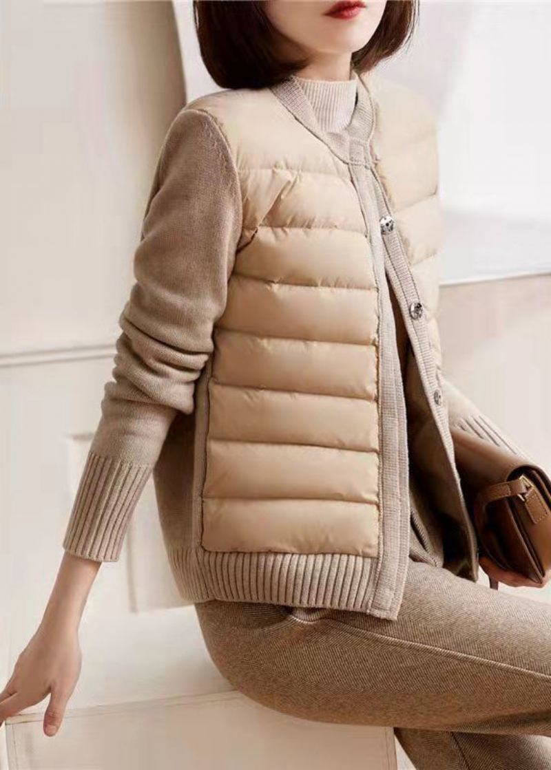 Moderner Beige-weißer Parka Mit Patchwork-strick Und Langen Ärmeln