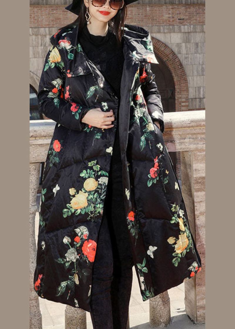 Modische Elegante Orientalische Daunenjacke Für Den Winter Mit Langem Ärmel Und Wintermantel Aus Baumwolle Mit Kapuze Und Reißverschluss - Schwarz