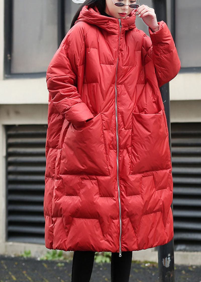 Modische Winterjacke Aus Dicker Entendaunenjacke Mit Roter Kapuze