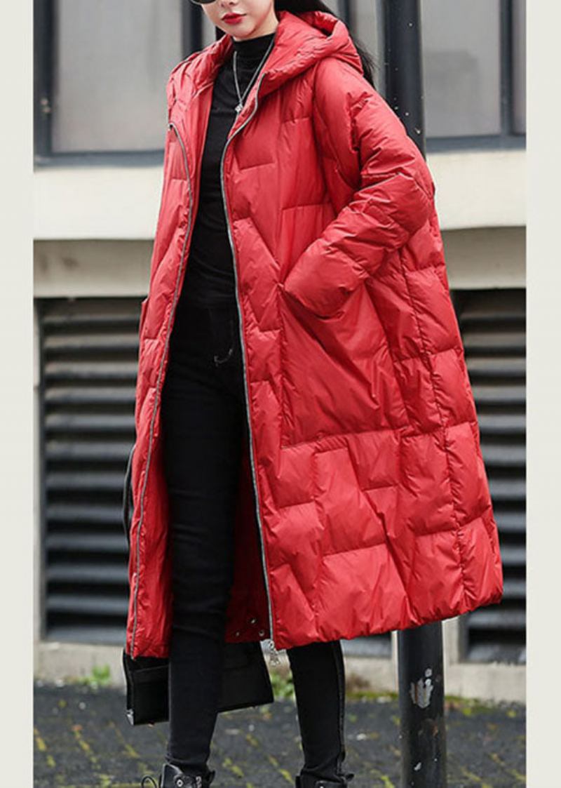 Modische Winterjacke Aus Dicker Entendaunenjacke Mit Roter Kapuze - Rot