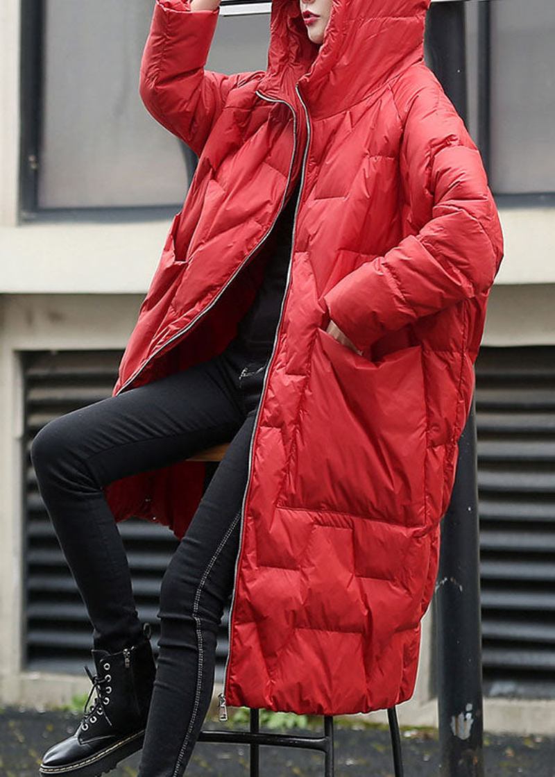 Modische Winterjacke Aus Dicker Entendaunenjacke Mit Roter Kapuze - Rot