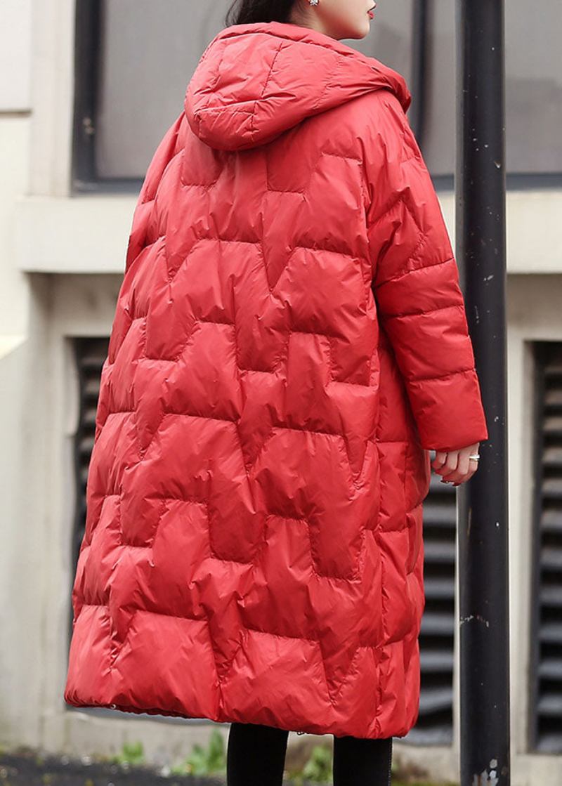 Modische Winterjacke Aus Dicker Entendaunenjacke Mit Roter Kapuze - Rot