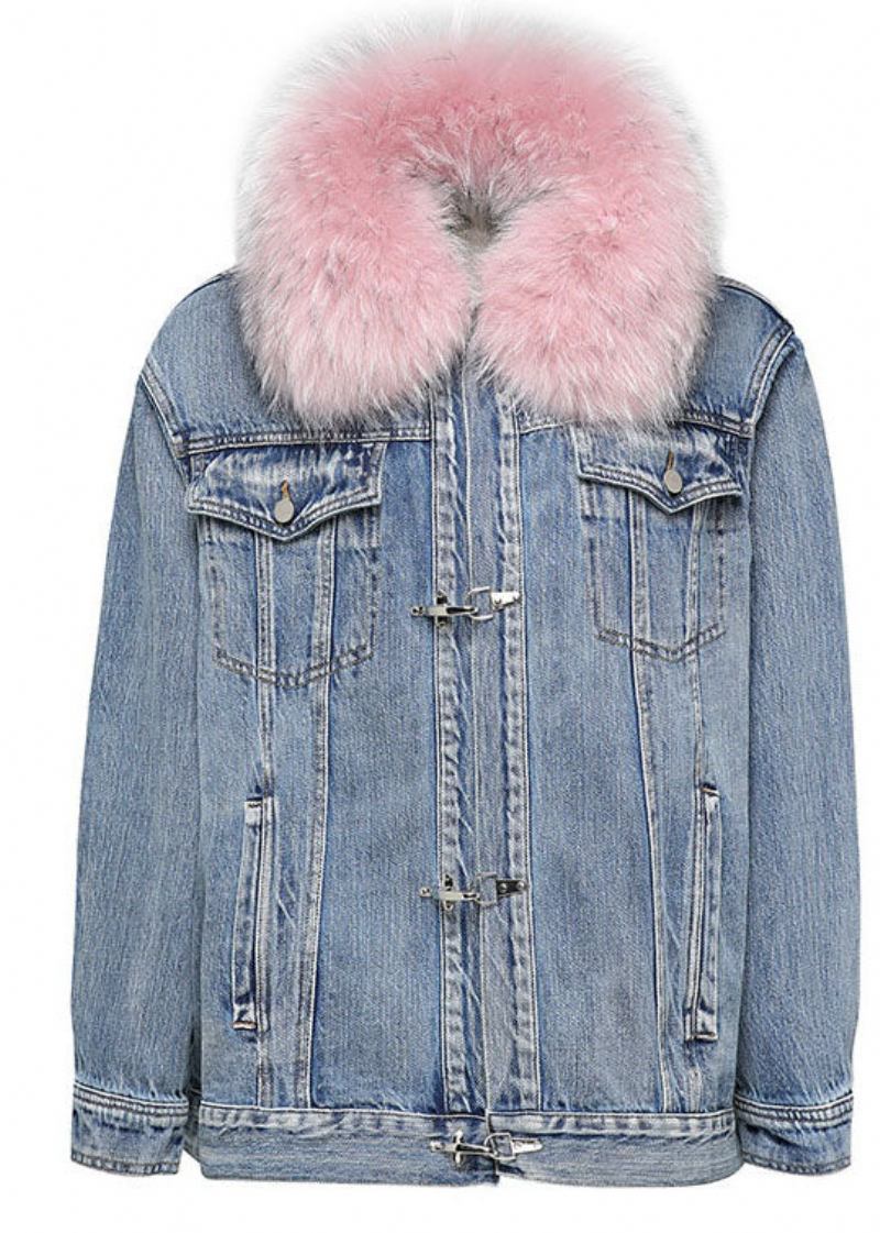 Modische Winterjacke Aus Entendaunen In Jeansblau Mit Rosa Pelzkragen - Damen-Daunenjacken