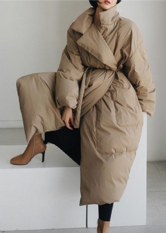 Modischer Khakifarbener Parka Mit Stehkragen Und Taschen Für Damen