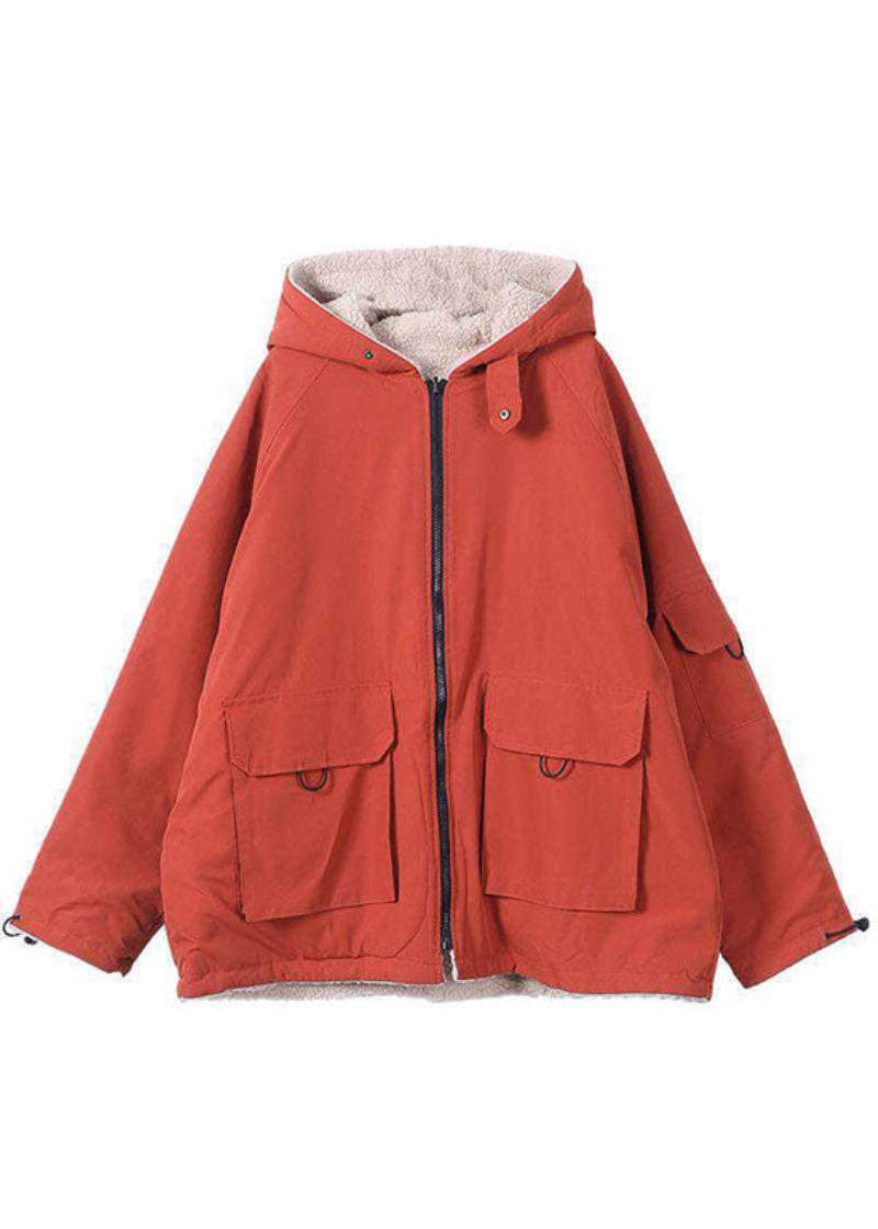 Modischer Lockerer Winterparka In Orange Mit Kapuze Und Reißverschlusstaschen - Damen-Daunenjacken