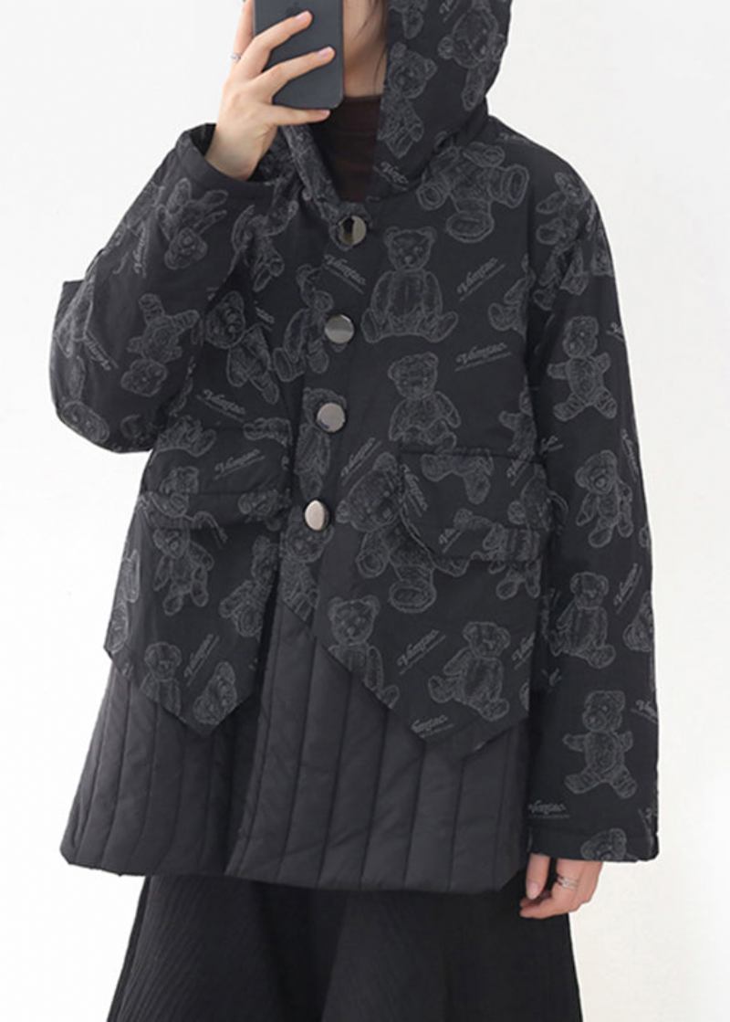 Modischer Schwarzer Parka Mit Kapuze Und Patchwork-print Taschen