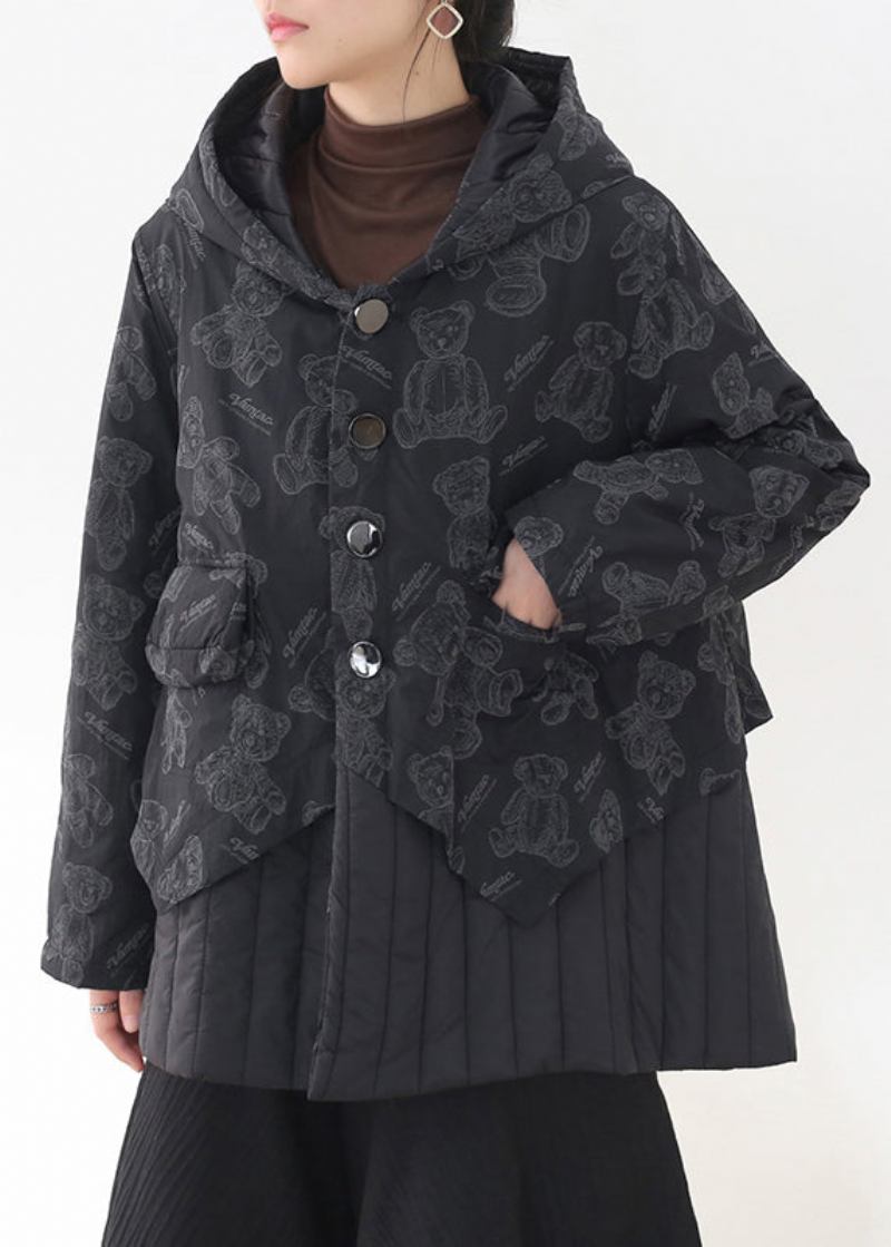 Modischer Schwarzer Parka Mit Kapuze Und Patchwork-print Taschen - Damen-Daunenjacken