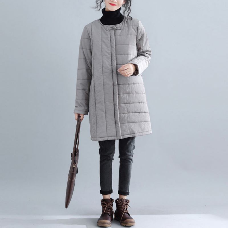 Neue Graue Parkas Locker Sitzende Schneejacken Mit Rundhalsausschnitt Elegante Winteroberbekleidung Mit Chinesischem Knopf