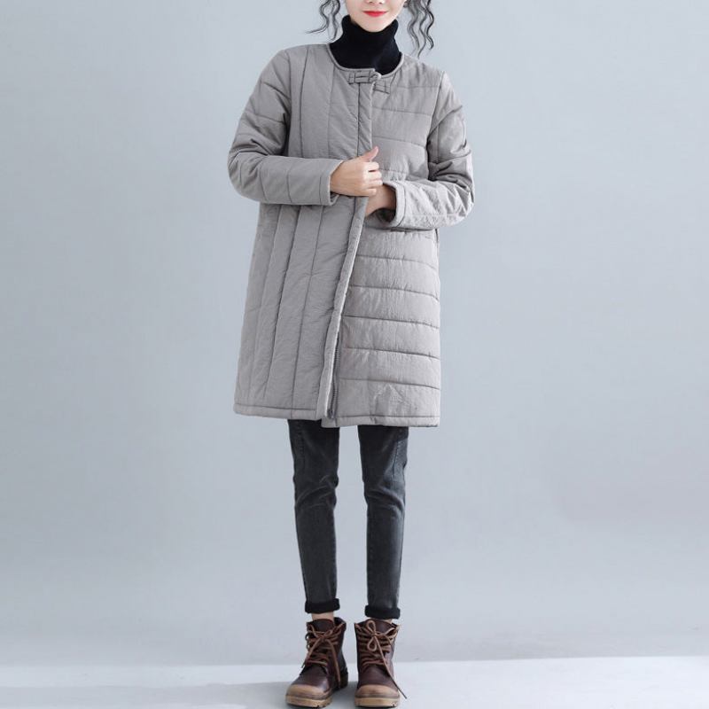 Neue Graue Parkas Locker Sitzende Schneejacken Mit Rundhalsausschnitt Elegante Winteroberbekleidung Mit Chinesischem Knopf - Damen-Daunenjacken