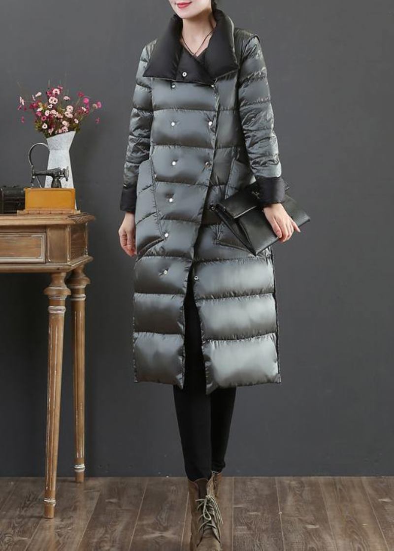 Neue Kleidung Winterjacke Mäntel Silbergrau Daunenjacke Mit Stehkragen Und Taschen Für Damen - schwarzgrün