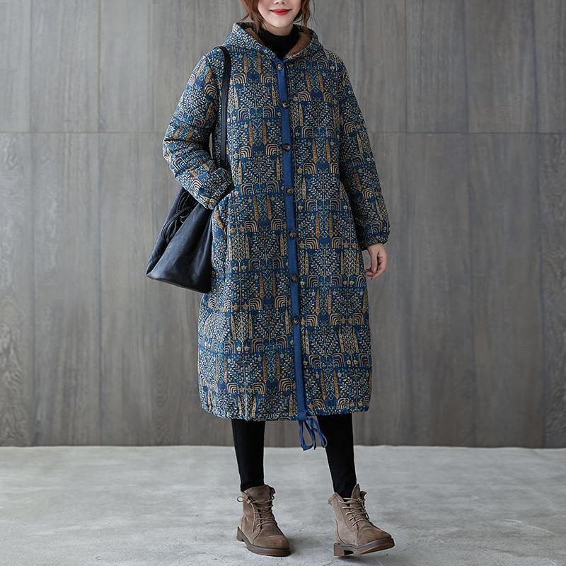 Neue Lässige Winterjacke Winteroberbekleidung Mantel Mit Blauem Aufdruck Kapuze Und Kordelzug - blau