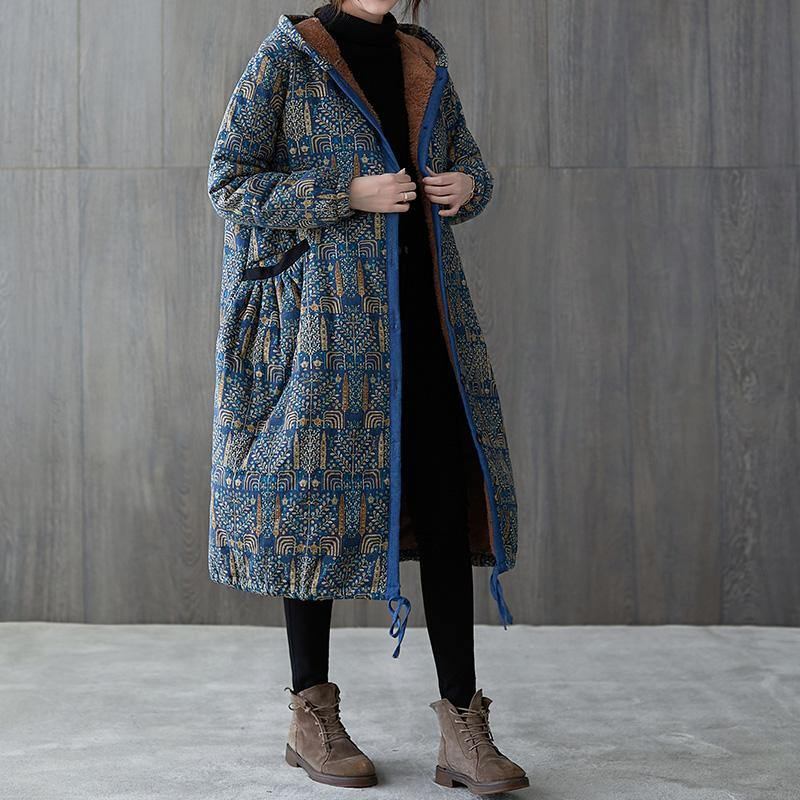 Neue Lässige Winterjacke Winteroberbekleidung Mantel Mit Blauem Aufdruck Kapuze Und Kordelzug - blau