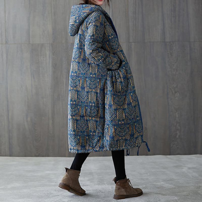 Neue Lässige Winterjacke Winteroberbekleidung Mantel Mit Blauem Aufdruck Kapuze Und Kordelzug - blau