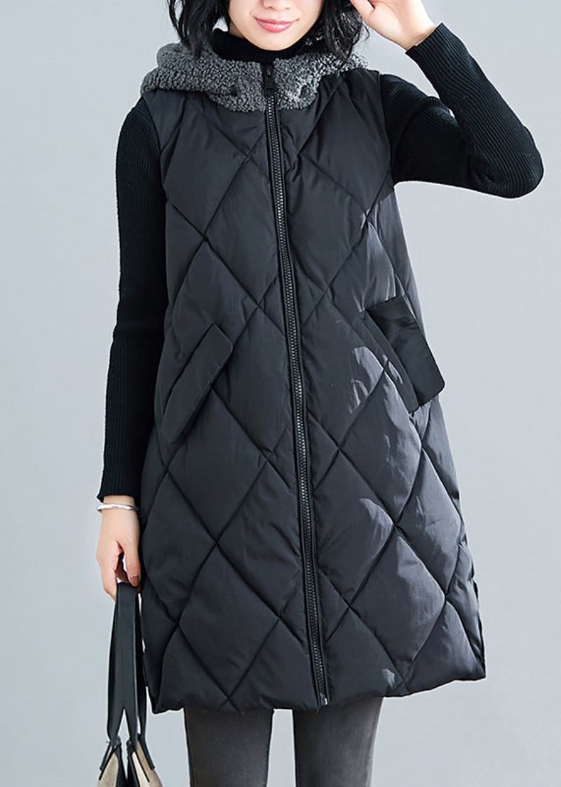 Neue Schwarze Parka-weste Mit Kapuze Aus Teddy-kunstpelz Patchwork Ärmellos - Damen-Daunenjacken