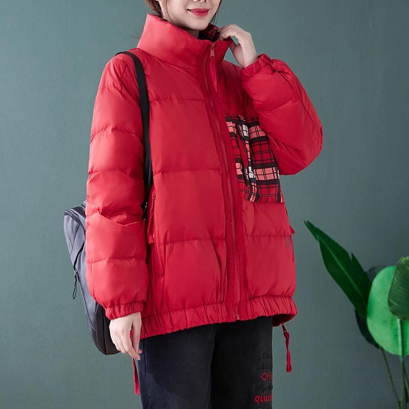 Neue Trendige Daunenjacke In Übergröße Wintermantel Roter Patchwork-gänsedaunenmantel Mit Stehkragen.