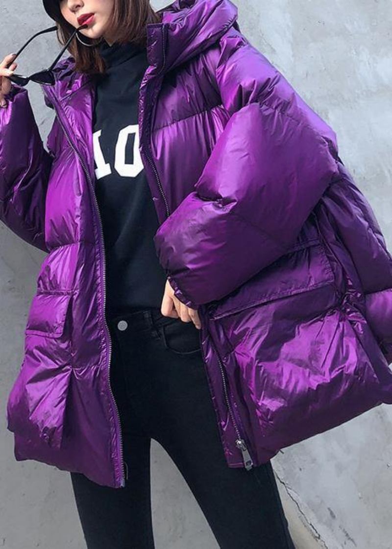 Neue Violette Parkas Für Damen In Übergröße Winterjacke Mit Kapuze Und Taschen - lila